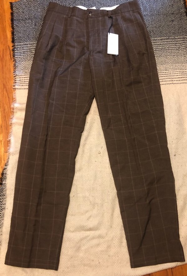De Bonne Facture wool linen two pleat trousers in taupe check in size 52.jpg