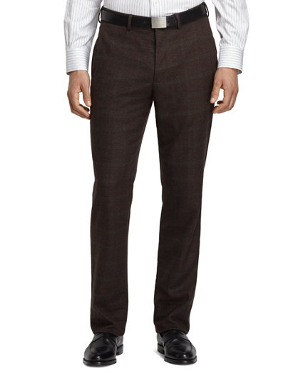 Brooks Brothers Regent Fit Brown with Green Windowpane Plain-Front Saxxon Wool Dress Trousers