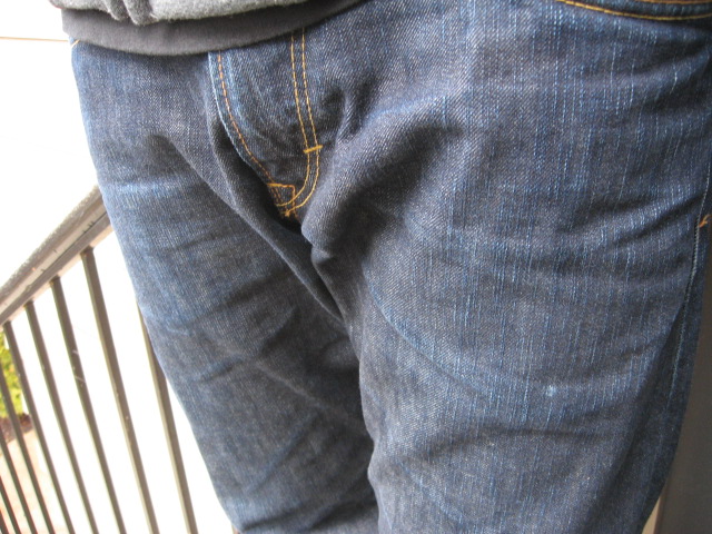 my friend brendons edwin blue trips. These were a one wash and he has had them since september but not everyday wear until late december. I would say about 4 months of solid wear total.
look at the insane vertical falling on these jeans. Its really incredible...